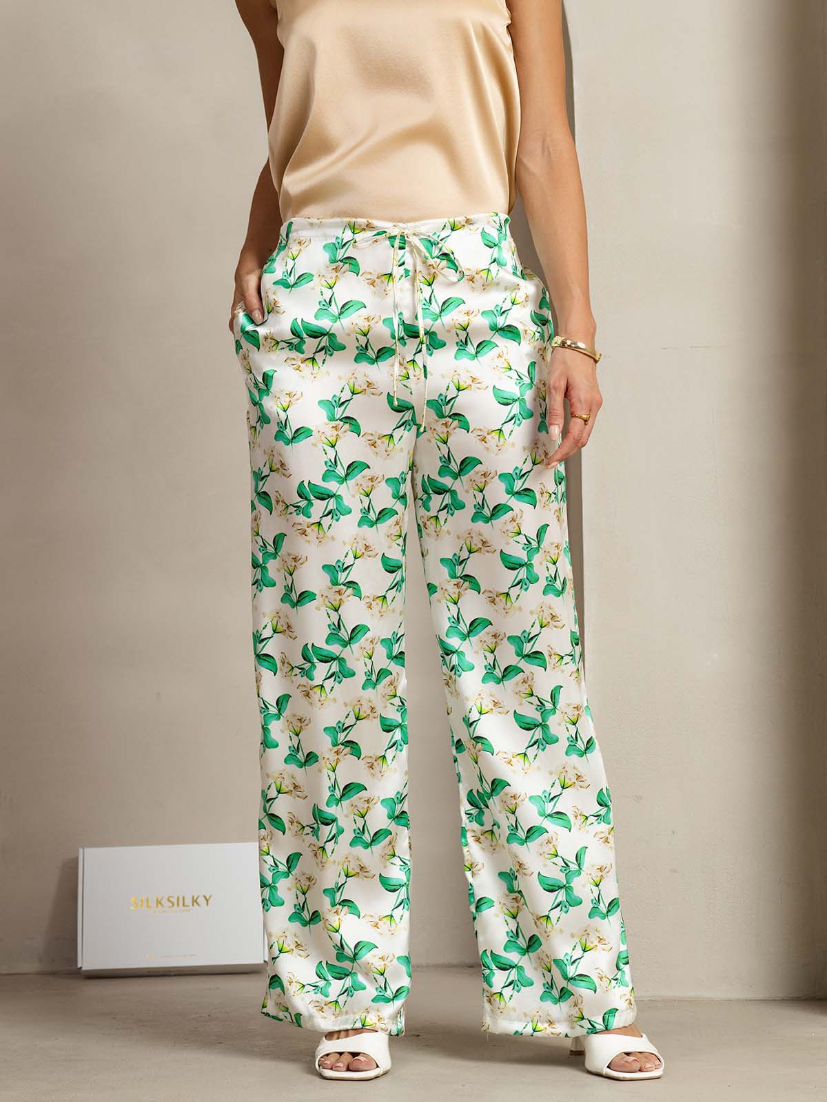 [Grøn Blomster] SilkSilky-DK 19Momme Silke Womens Pants 003