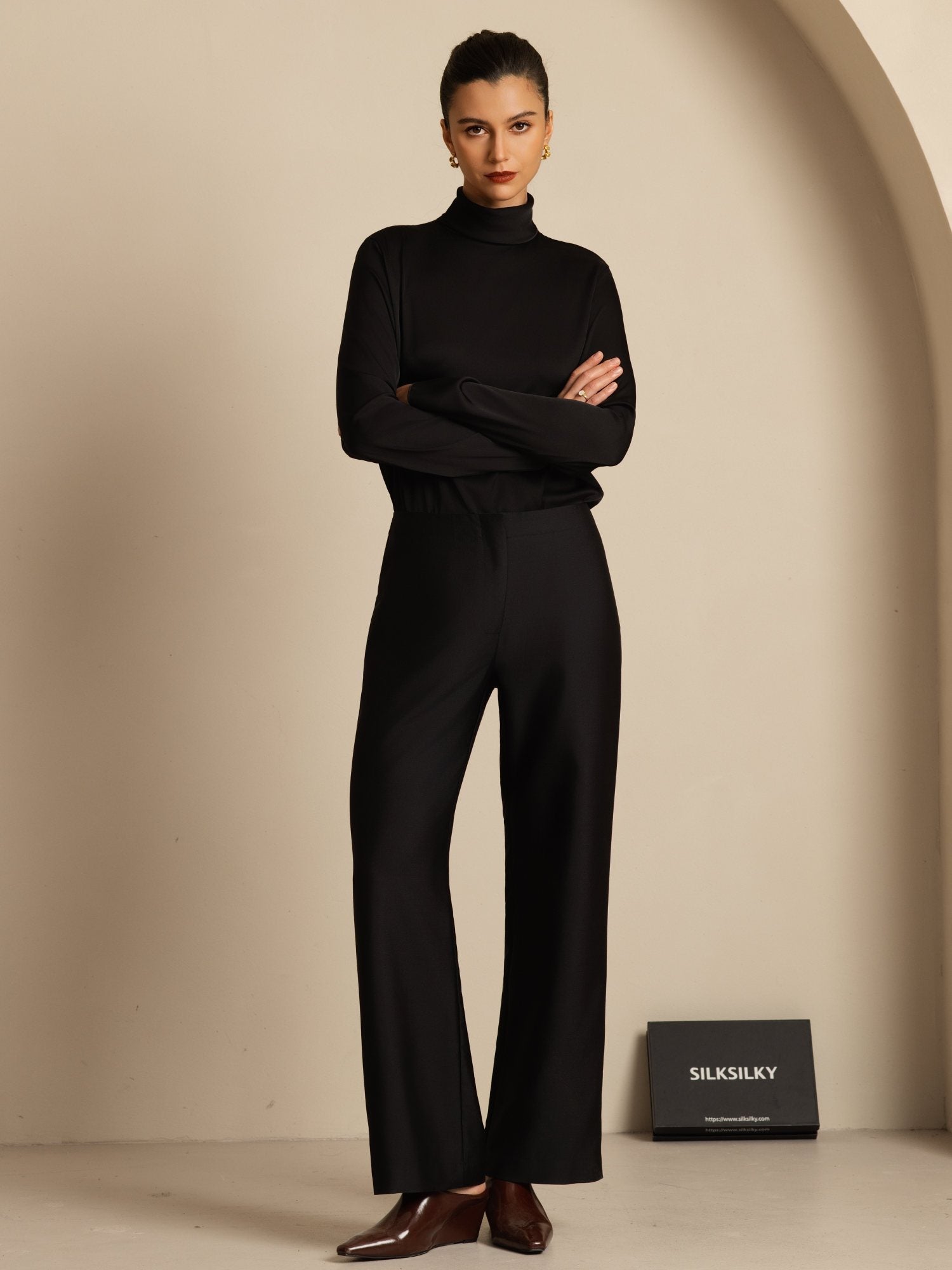 [Sort] SilkSilky-DK 19Momme Silke Langærmet Rullekrave T-shirt til kvinder 006