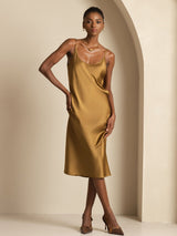 [Brun] SilkSilky-DK Sleeveless U hals Kjole 003