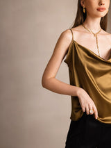 [Brun] SilkSilky-DK Spaghetti Strap Cowl Neck Camisole Top 004