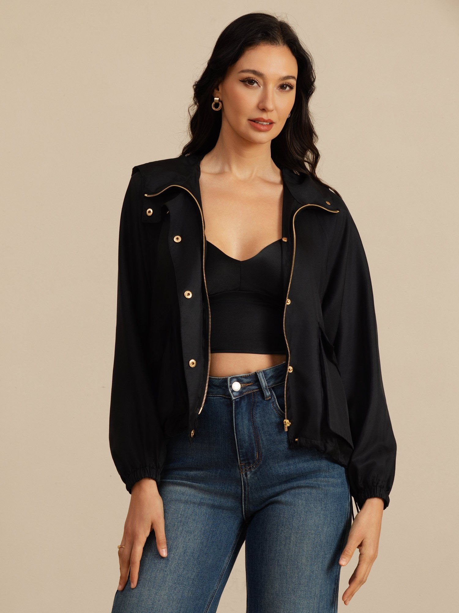 [Sort] SilkSilky-DK Langærmet Høj Hals Overtøj til Kvinder 006