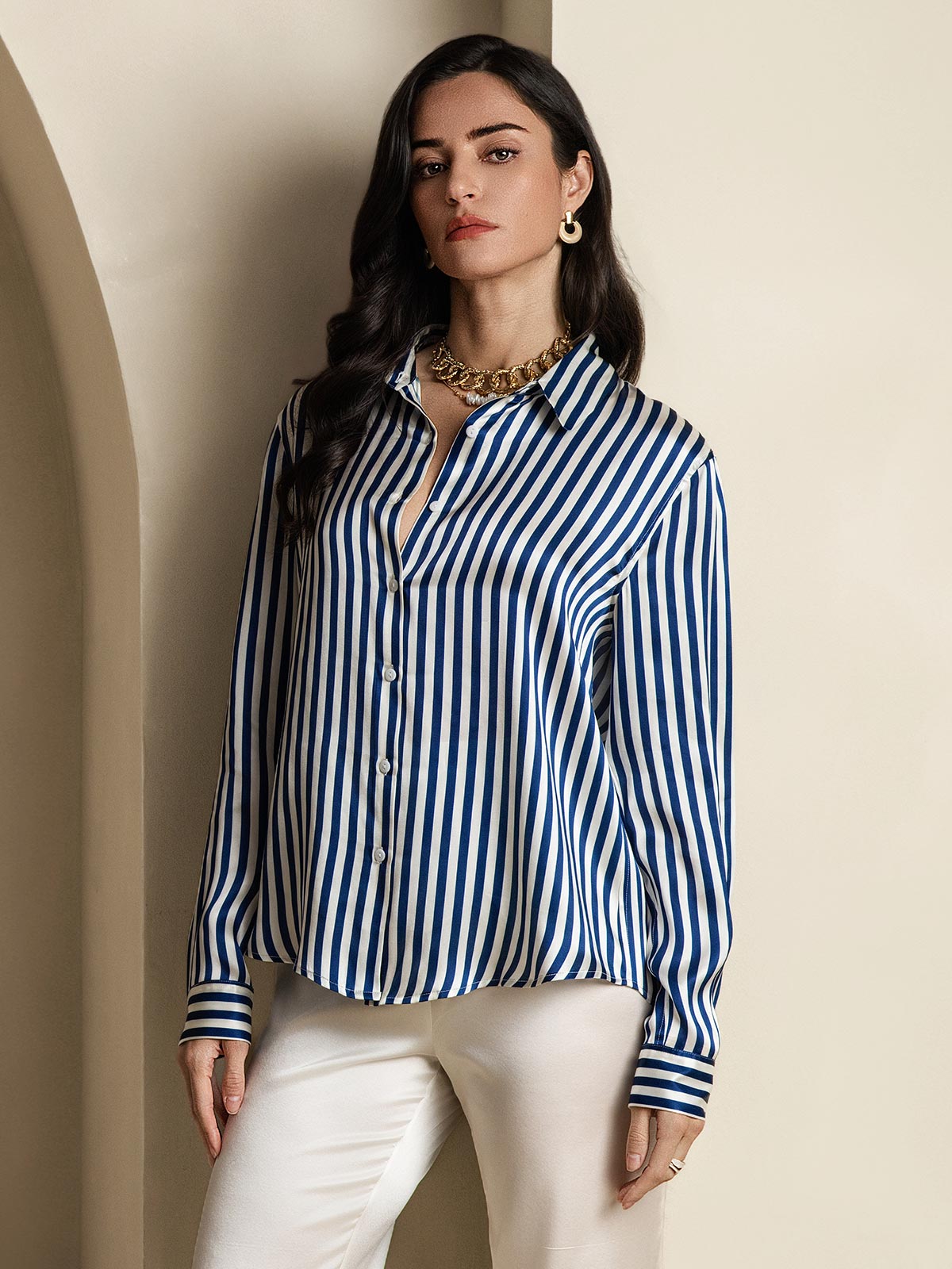 [Blå] SilkSilky-DK Silke Long Sleeve Collar Dameskjorte 003