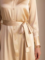 [Champagne] SilkSilky-DK Long Sleeve Lapel Collar Kjole 004