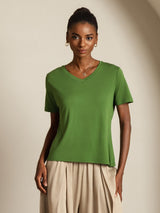 [Grøn] SilkSilky-DK Short Sleeve V Neck T-shirt til kvinder 008