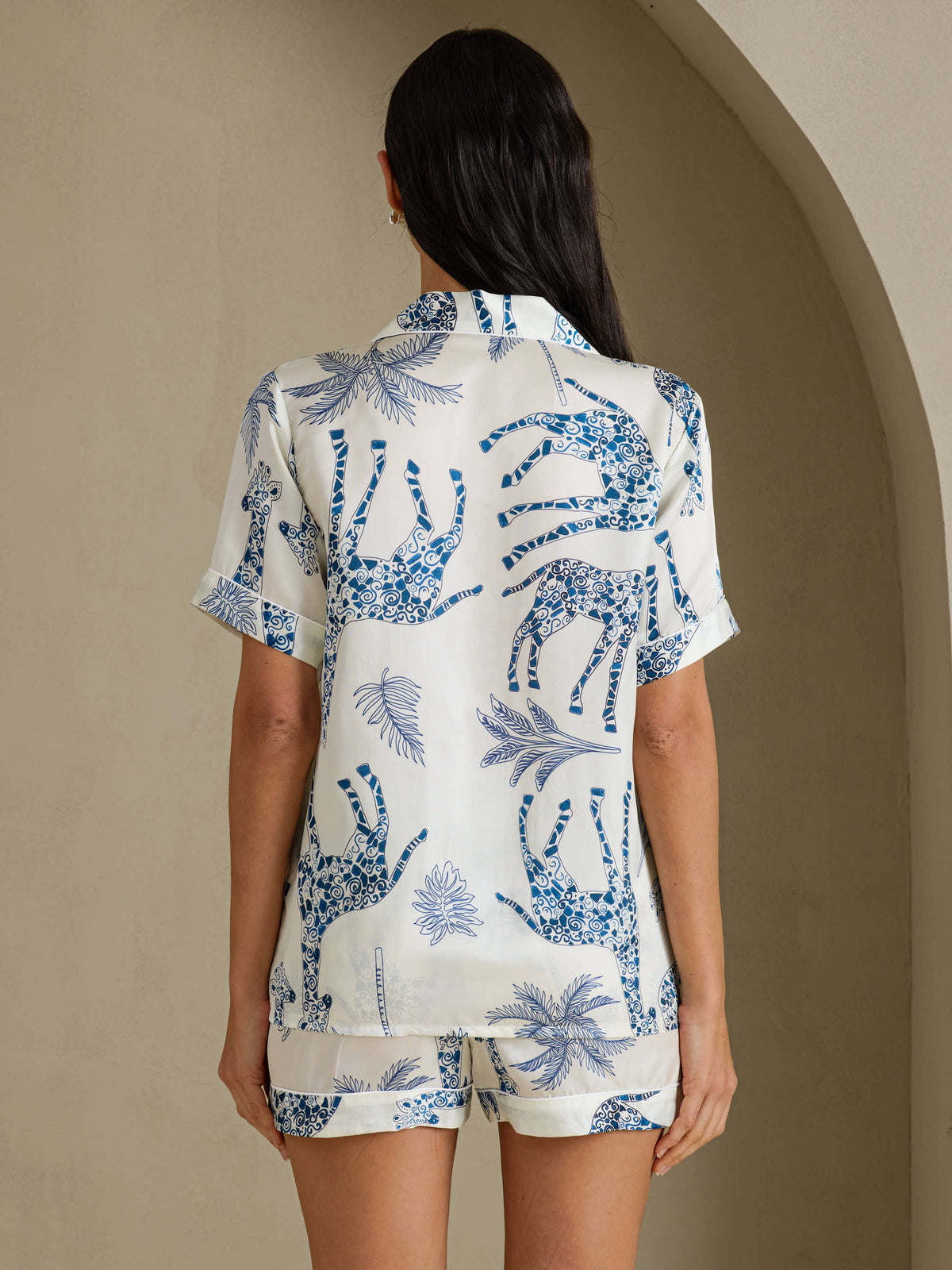 [Hvid Giraf] SilkSilky-DK Short Sleeve Notch Collar Dame Pyjamas 002