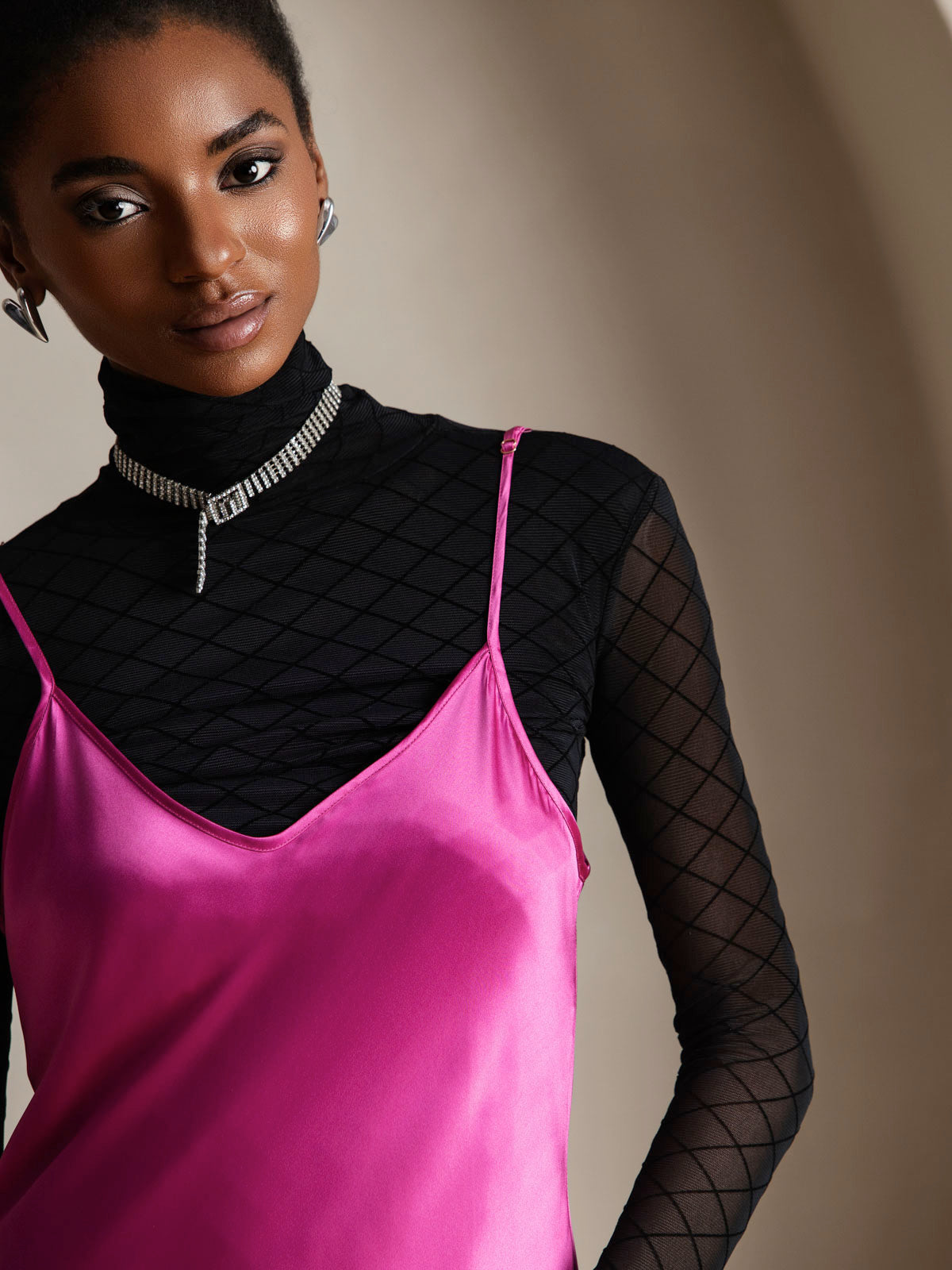 [Rosenrød] SilkSilky-DK Spaghetti Rem V Hals Kjole 003