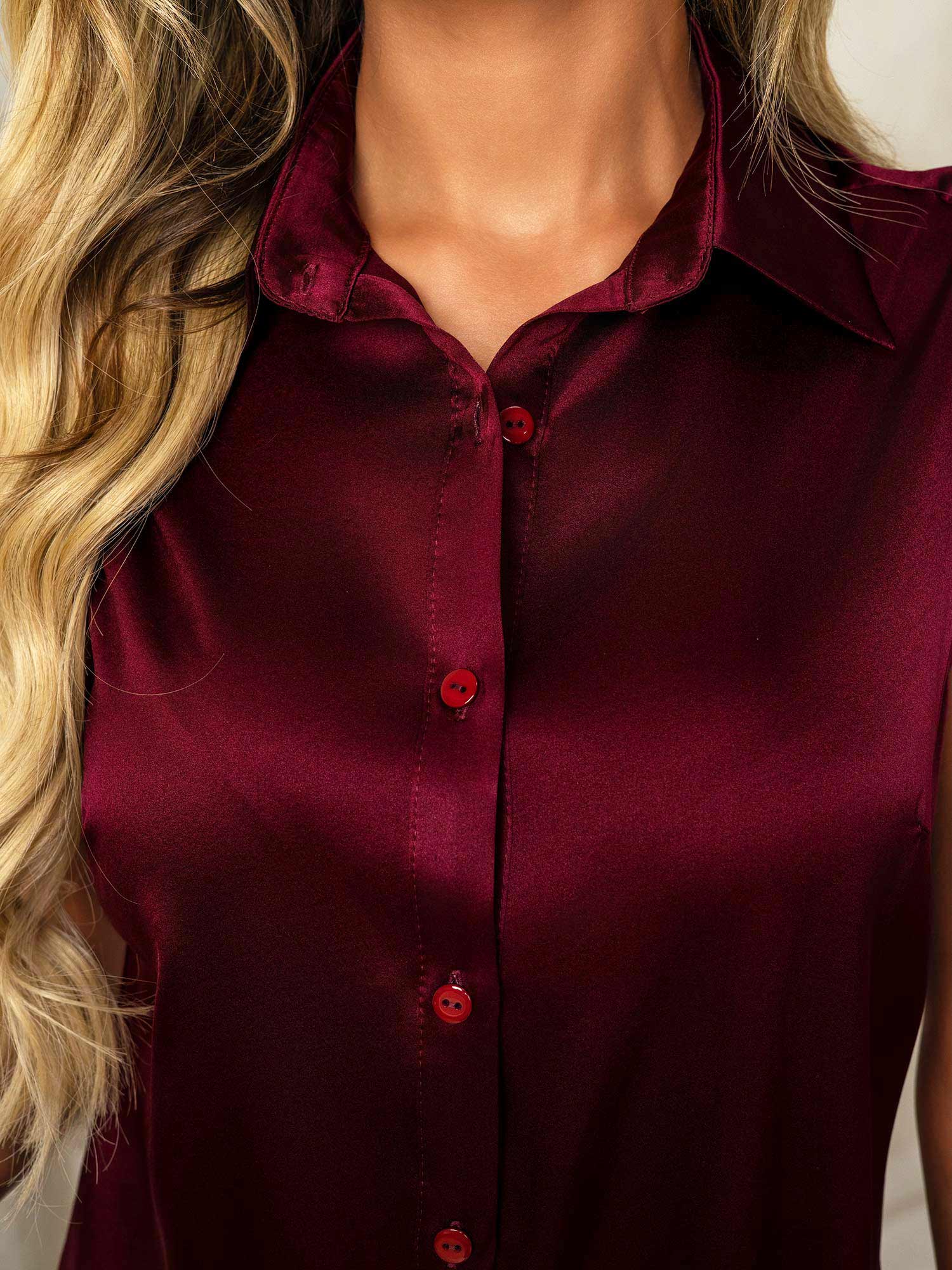 [Mørkerød] SilkSilky-DK 19Momme Silke Lapel Collar Dameskjorte 007