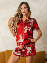 [Mørkerød] SilkSilky-DK 19Momme Kort ærme Notchkrage Dame Pyjamas 003