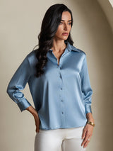 [Gråblå] SilkSilky-DK 3/4 Sleeve Lapel Collar Dameskjorte 003