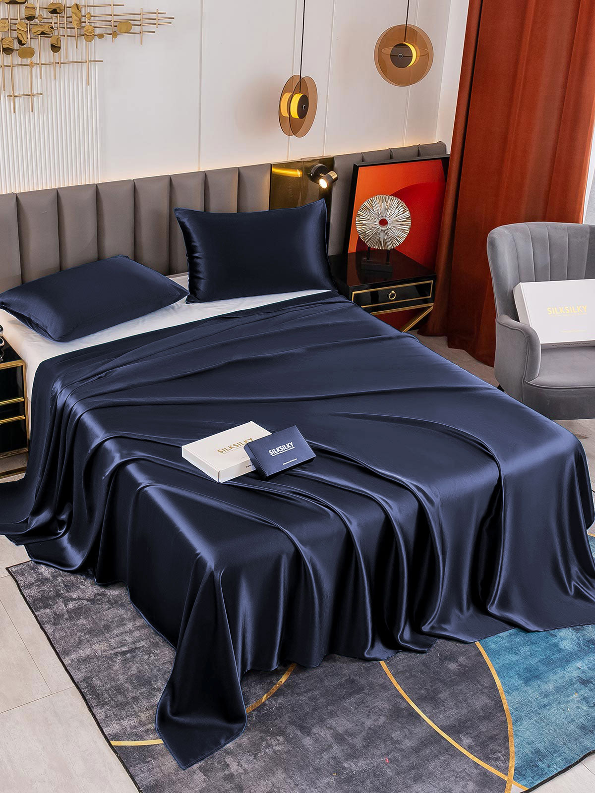[Mørkeblå] SilkSilky-DK 19Momme Bedding Set 001