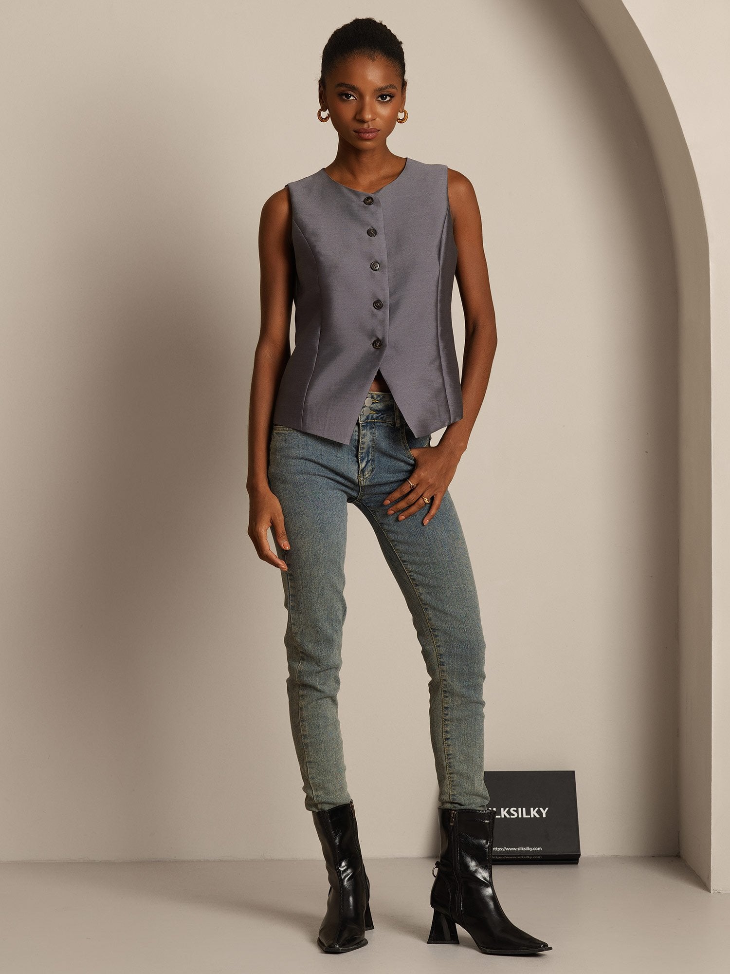 [Grå] SilkSilky-DK 32Momme Silke Womens Vest 008