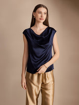 [Mørkeblå] SilkSilky-DK Cap Sleeve Cowl Neck T-shirt til kvinder 001