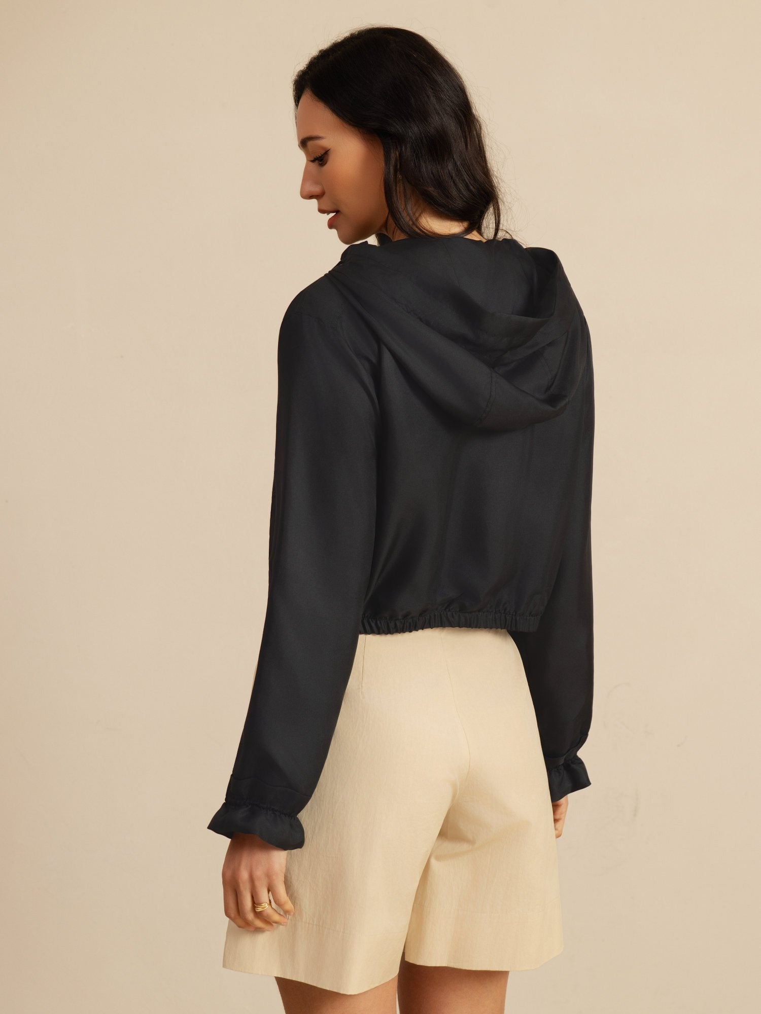 [Sort] SilkSilky-DK 18Momme Langærmet Høj Hals Overtøj til Kvinder 002