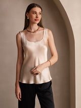 [Champagne] SilkSilky-DK 19Momme Ærmeløs Dyb Rund Halsudskæring Camisole Top 005