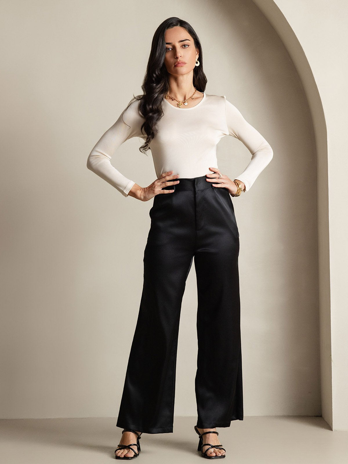 [Beige] SilkSilky-DK Langærmet Rund Hals T-shirt til kvinder 008