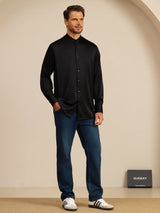 [Sort] SilkSilky-DK Long Sleeve Stand Collar Herreskjorte 008