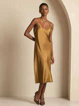 [Brun] SilkSilky-DK Sleeveless U hals Kjole 001