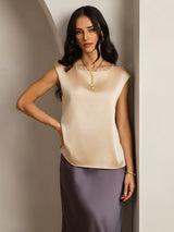 [Champagne] SilkSilky-DK Cap Sleeve Round Neck T-shirt til kvinder 001