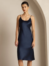 [Mørkeblå] SilkSilky-DK Sleeveless U hals Kjole 006