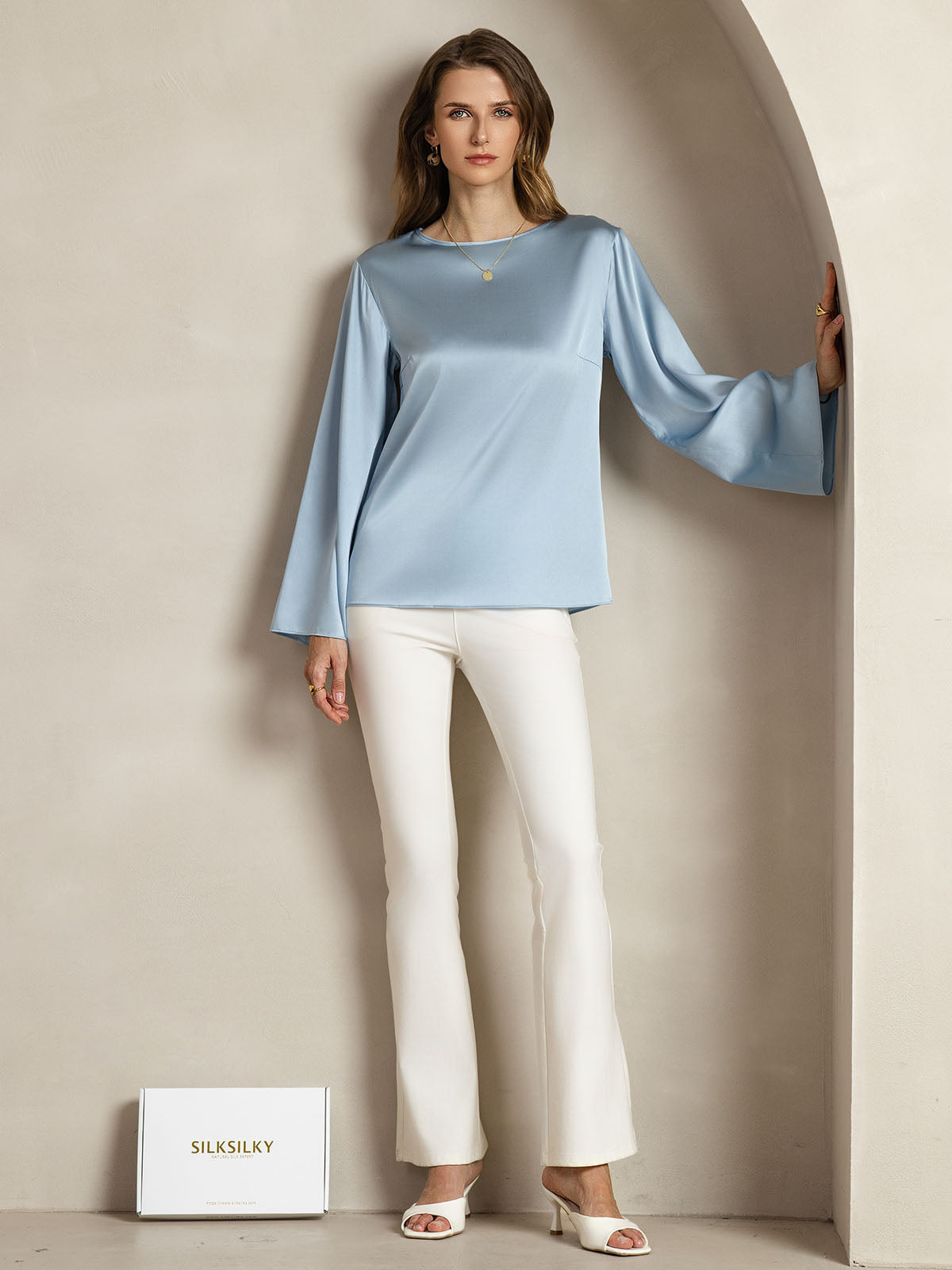 [Gråblå] SilkSilky-DK 19Momme Silke Womens T-Shirt 003