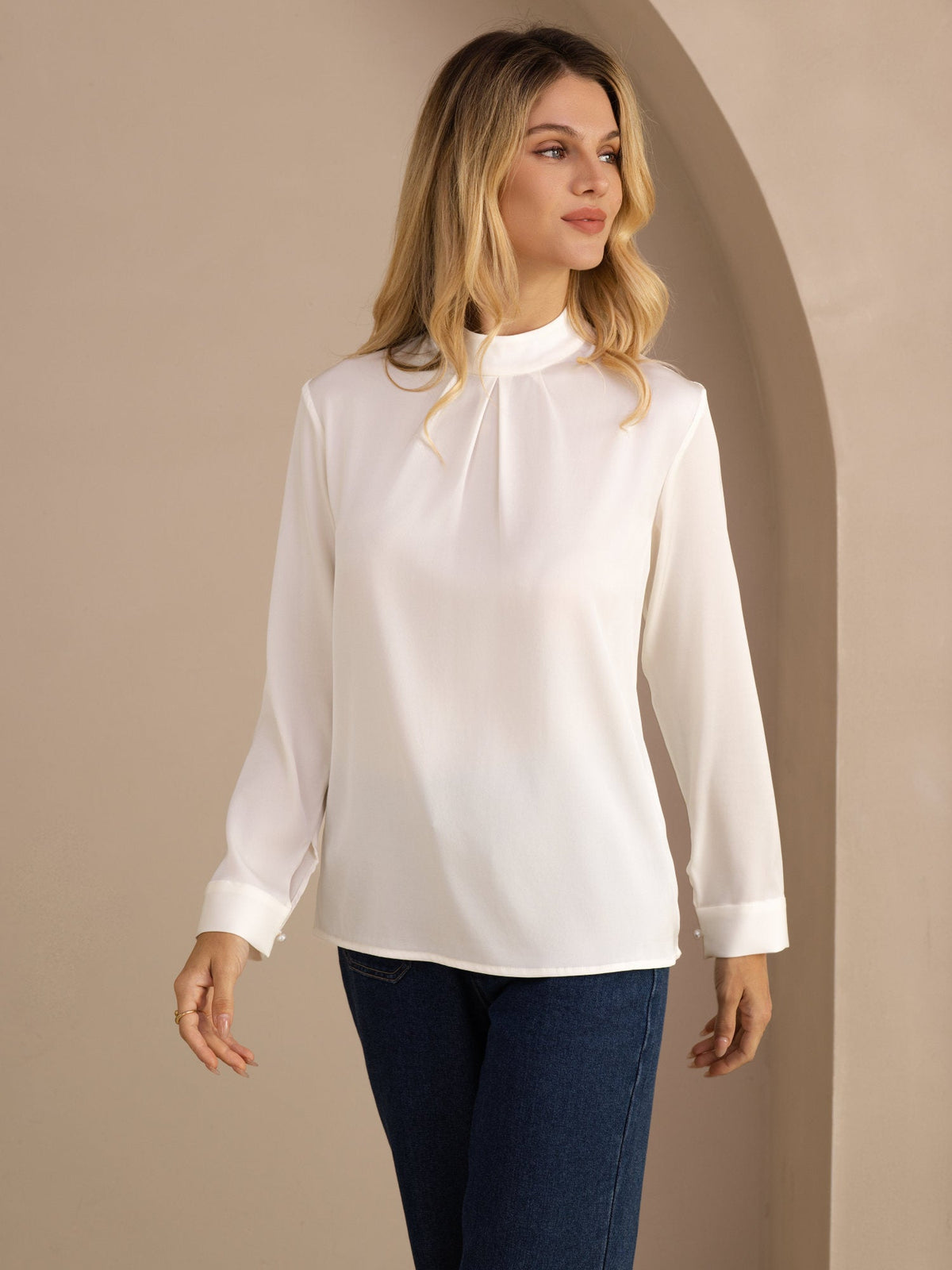 [Hvid] SilkSilky-DK Long Sleeve Stand Collar Damebluser 001