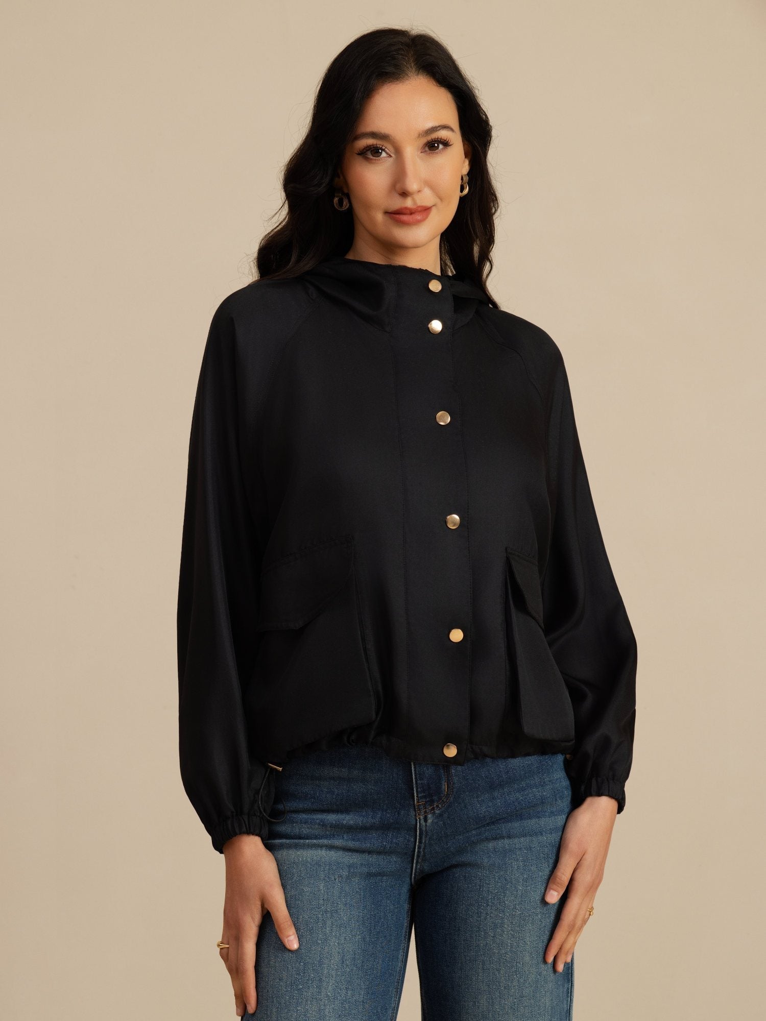 [Sort] SilkSilky-DK Langærmet Høj Hals Overtøj til Kvinder 005