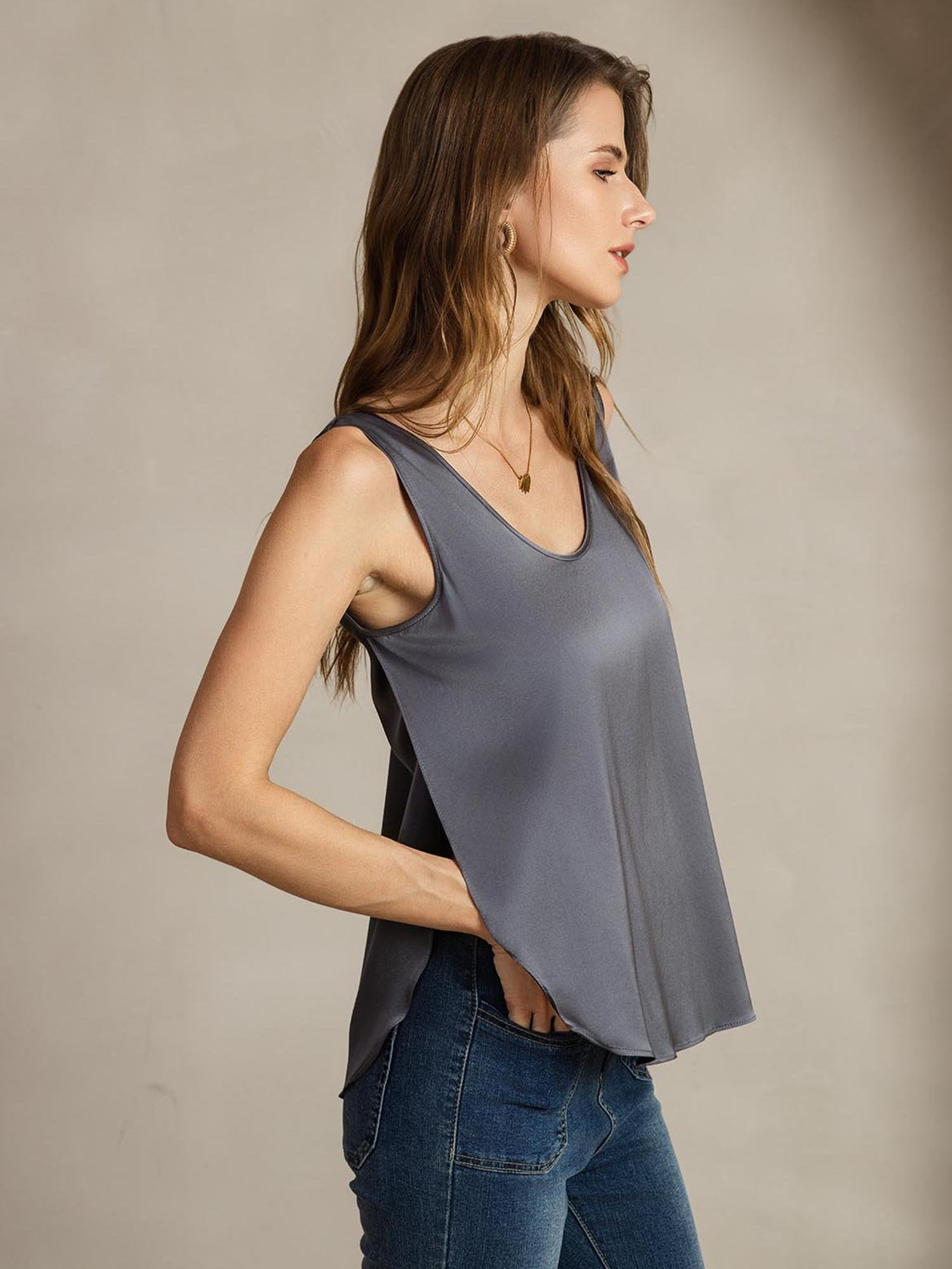 [Mørkegrå] SilkSilky-DK 19Momme Silke Split T-shirt til kvinder 004