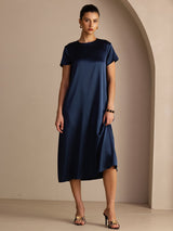[Mørkeblå] SilkSilky-DK Short Sleeve Round Neck Kjole 003