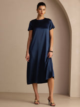 [Mørkeblå] SilkSilky-DK Short Sleeve Crew Neck Kjole 003