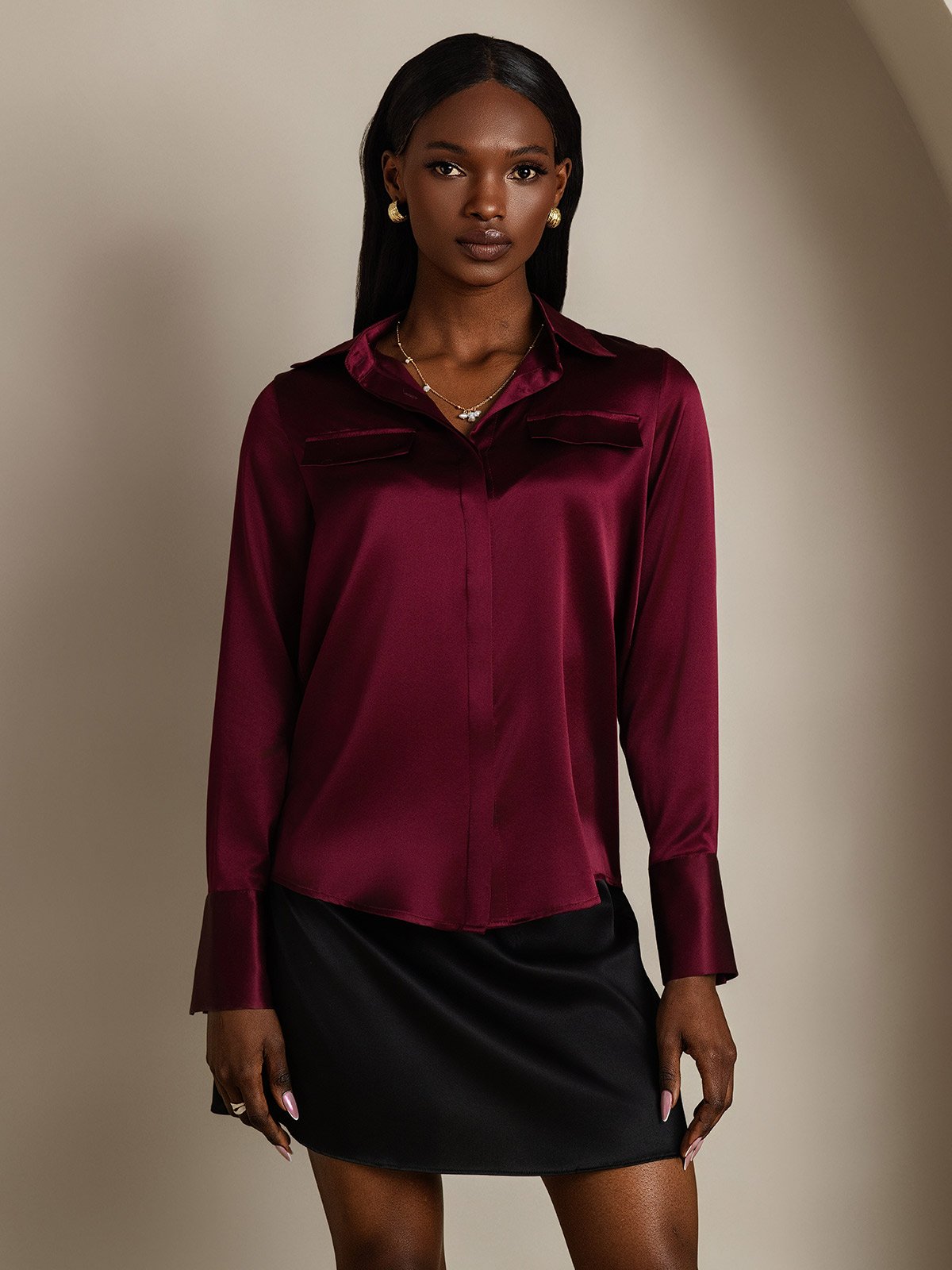 SilkSilky-DK 19Momme Silke Womens Shirt Mørkerød 004