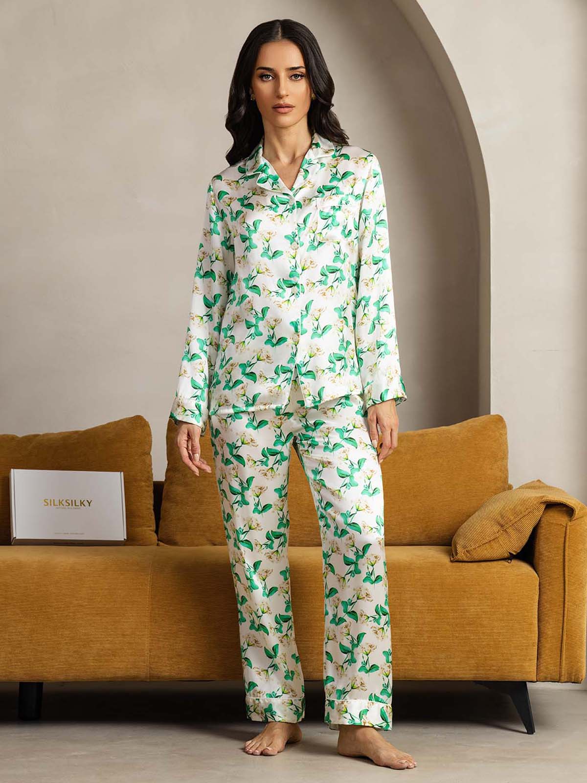 [Grøn Blomster] SilkSilky-DK Womens Pajamas 001