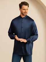 [Mørkeblå] SilkSilky-DK Long Sleeve Stand Collar Herreskjorte 005