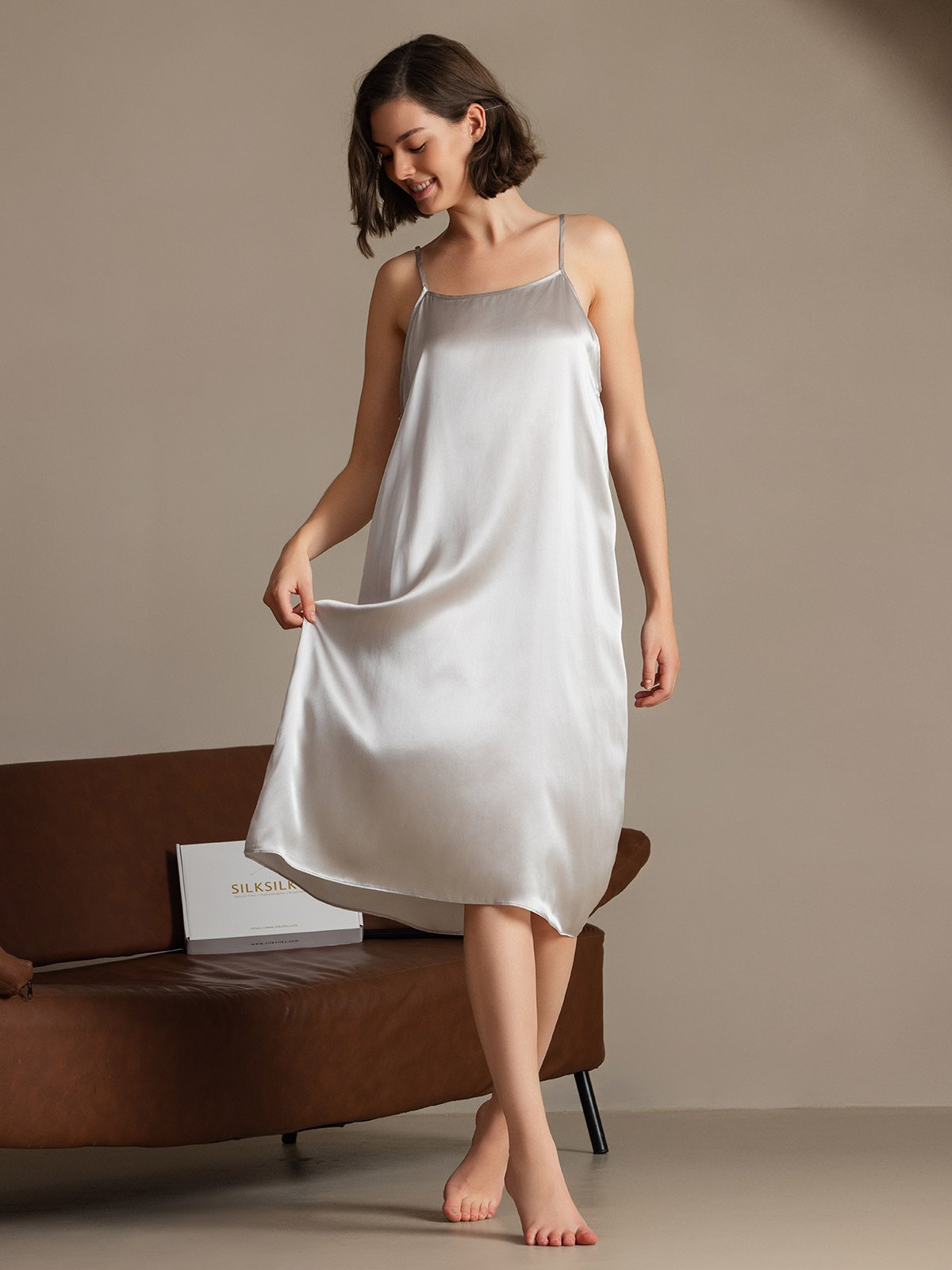 [Lysegrå] SilkSilky-DK 19Momme Silke Sleeveless Dress 005