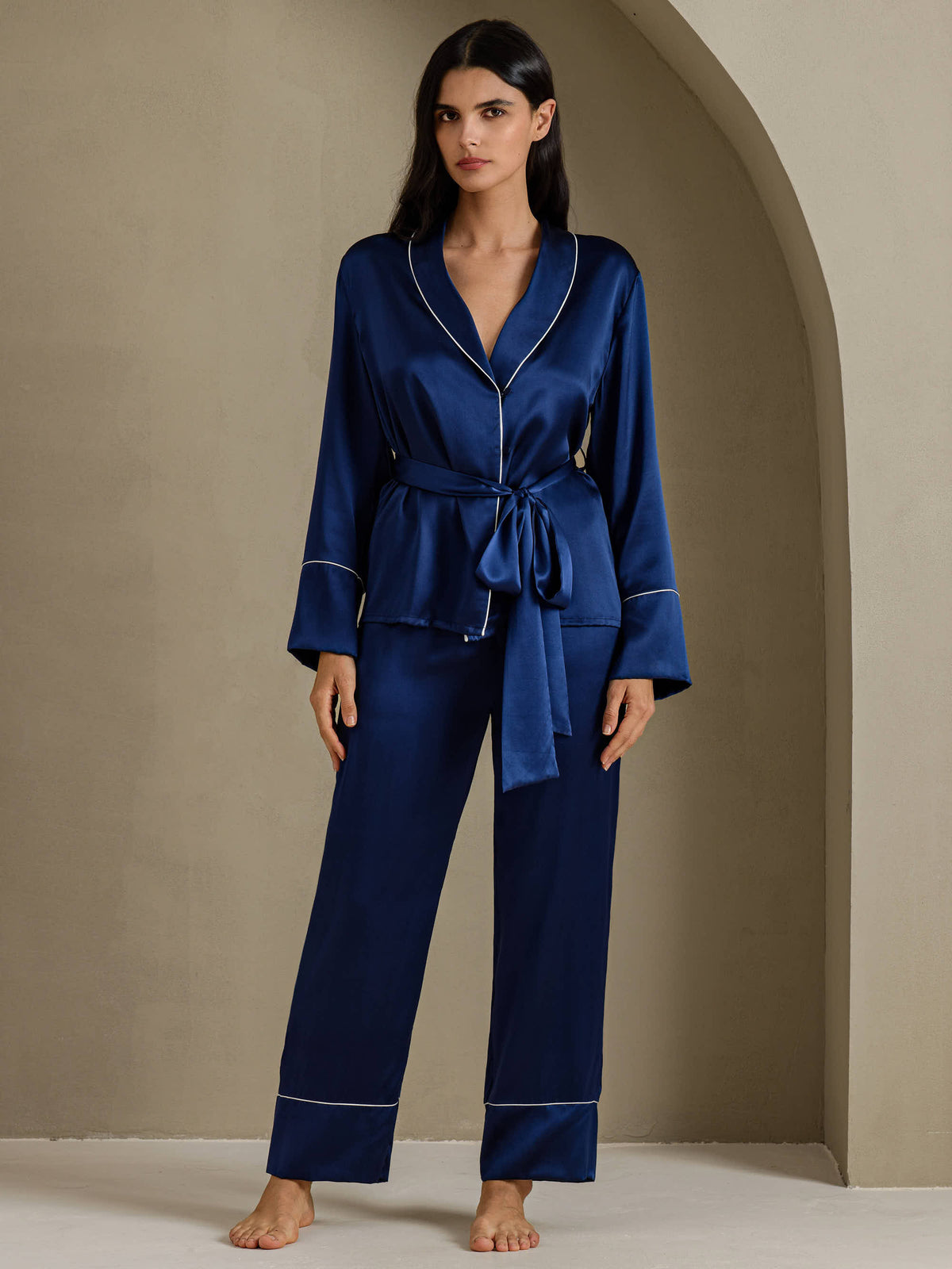 [Mørkeblå] SilkSilky-DK Long Sleeve Shawl Collar Dame Pyjamas 001
