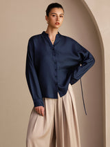 [Mørkeblå] SilkSilky-DK Long Sleeve Blouse 003