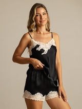 [Sort] SilkSilky-DK Spaghetti Rem V Hals Camisole Sæt 006