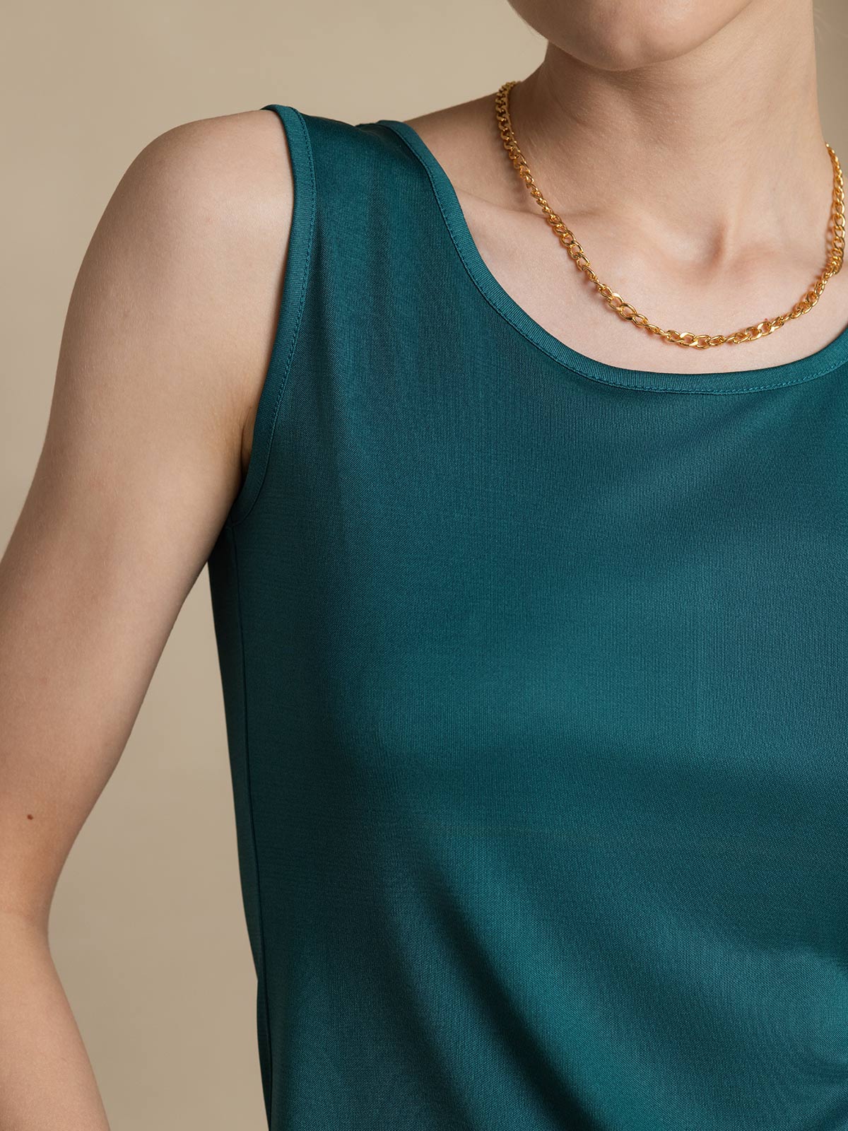 [Mørkegrøn] SilkSilky-DK Silk Knitted Sleeveless Round Neck T-shirt til kvinder 007