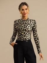 [Leopard] SilkSilky-DK Langærmet Falsk Krave T-shirt til kvinder 007