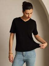 [Sort] SilkSilky-DK Kort ærme V Hals T-shirt til kvinder 003