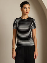 [Sort Stribe] SilkSilky-DK Short Sleeve Crew Neck T-shirt til kvinder 003