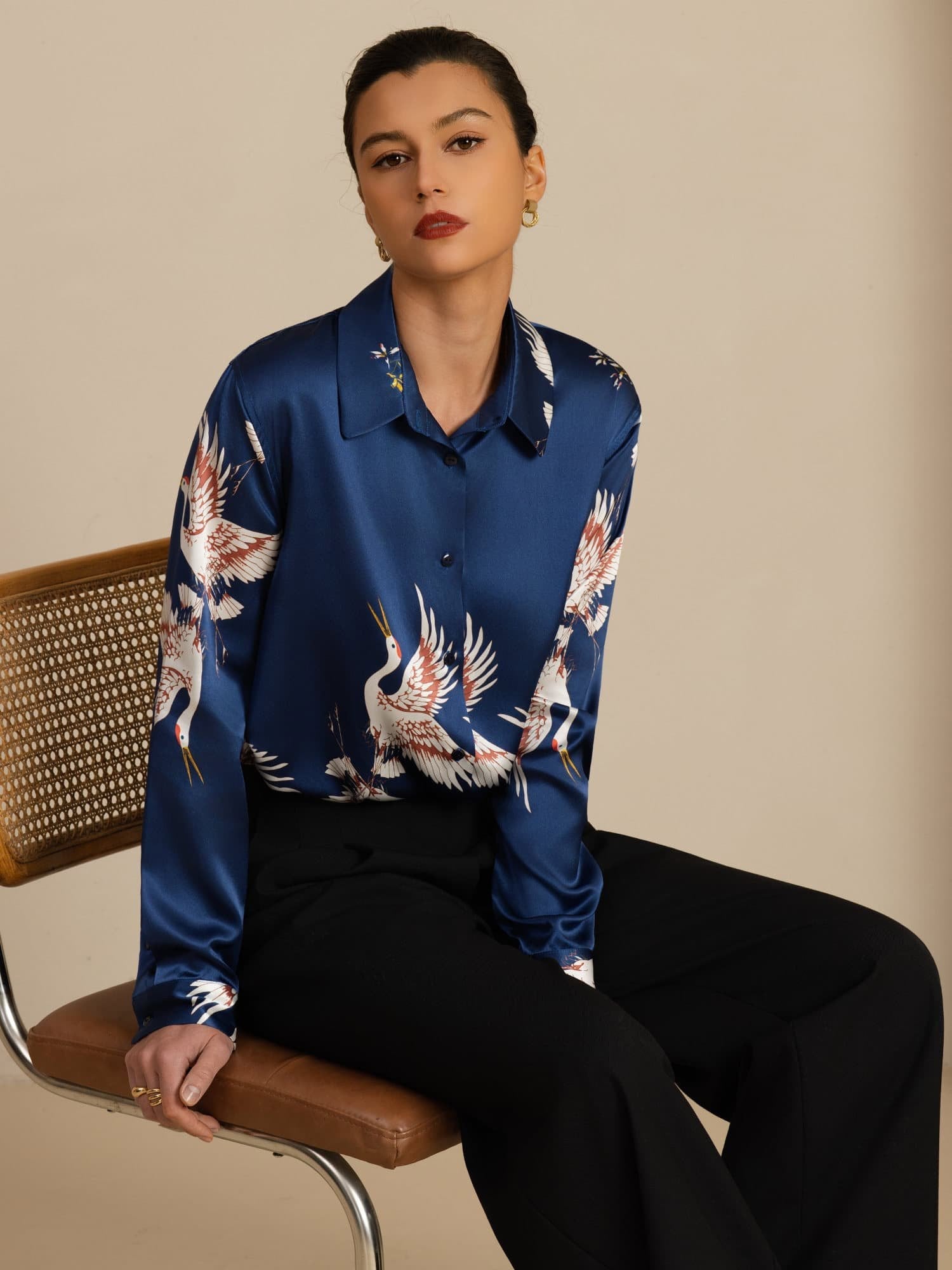 [Mørkeblå] SilkSilky-DK 19Momme Langærmet Reverskrave Dameskjorte 001