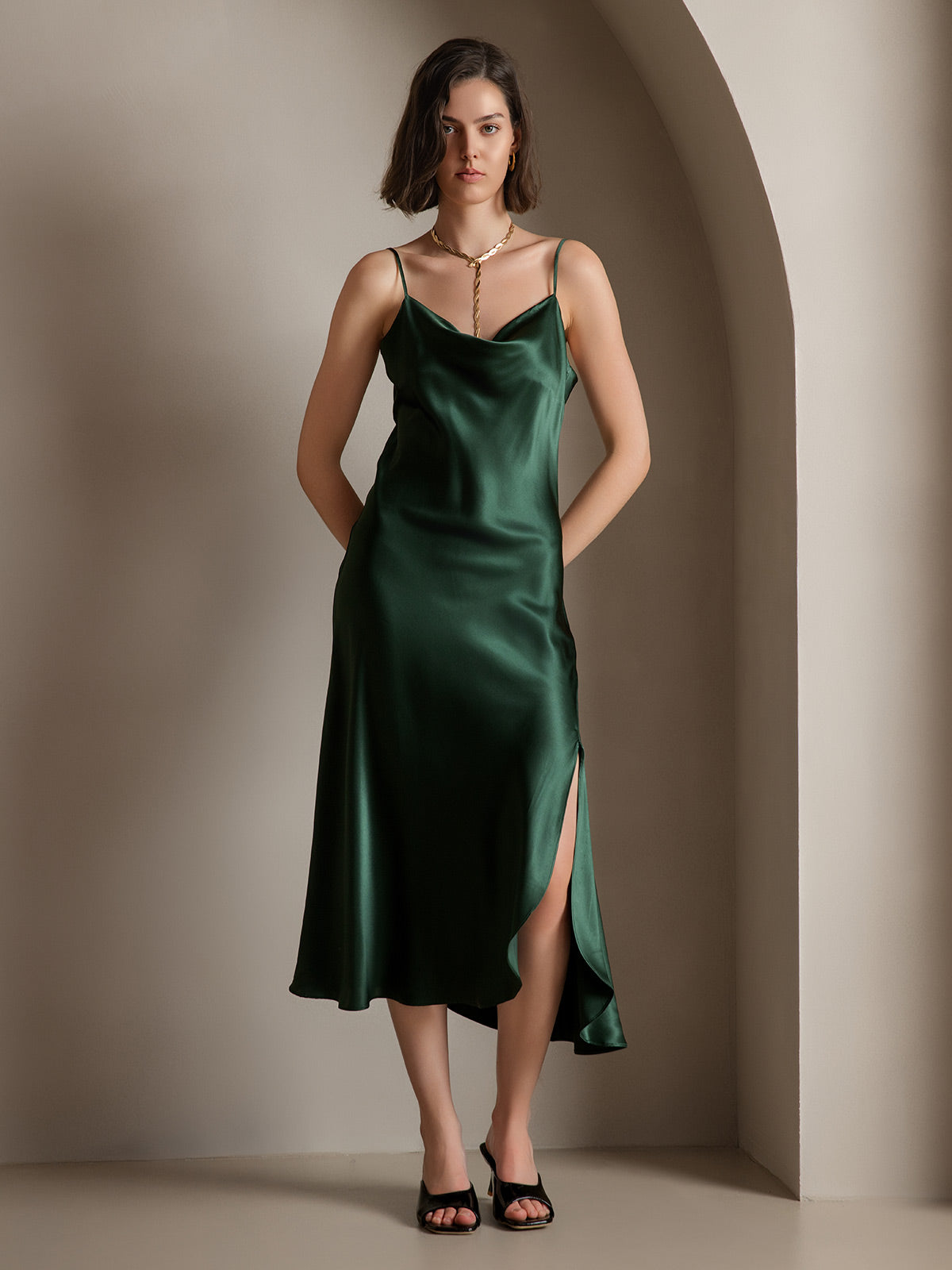 [Mørkegrøn] SilkSilky-DK 19Momme Dress 005