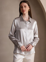 [Lysegrå] SilkSilky-DK Long Sleeve Lapel Collar Dameskjorte 004
