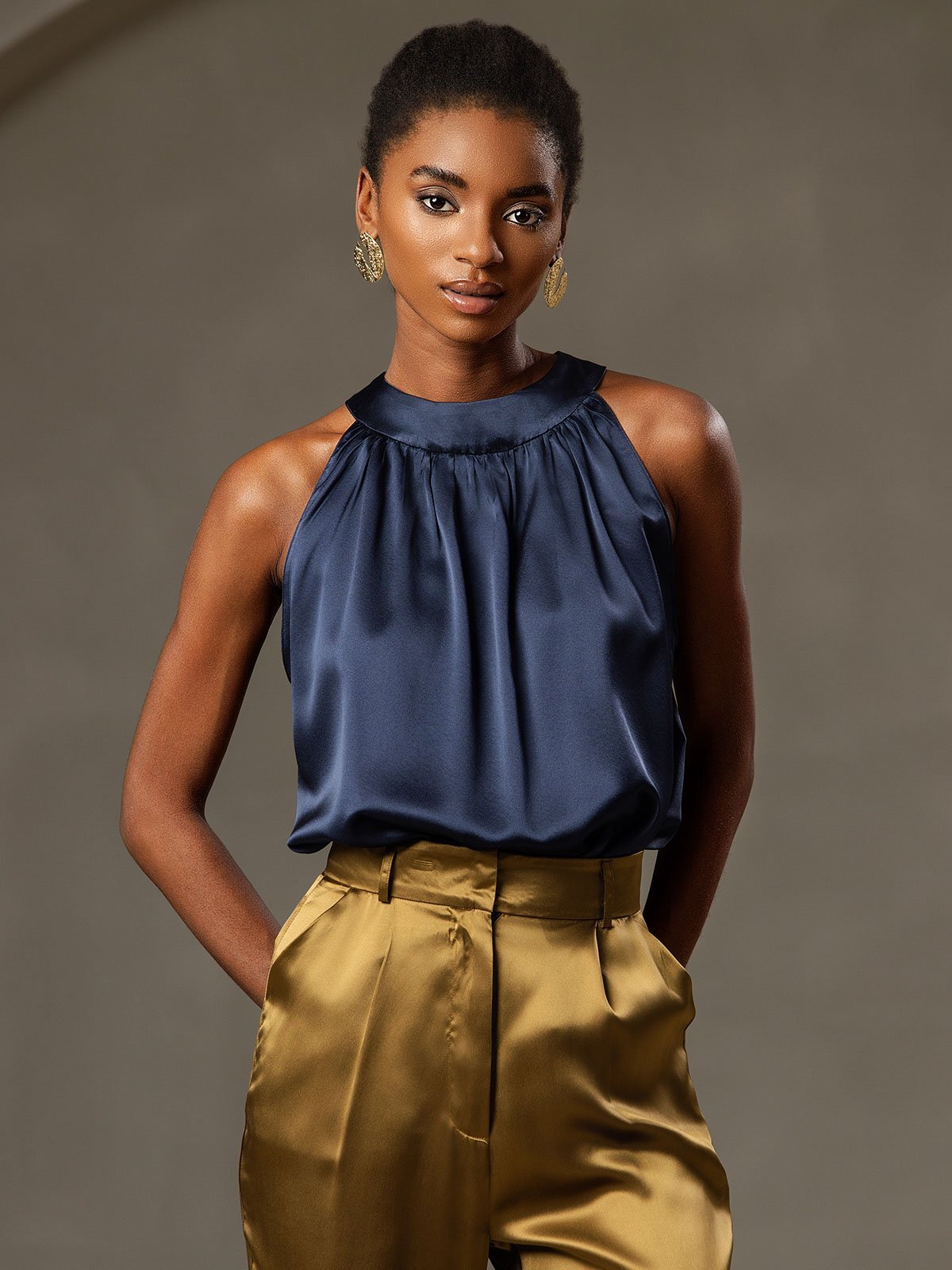 [Mørkeblå] SilkSilky-DK 19Momme Silke Womens T-Shirt 003