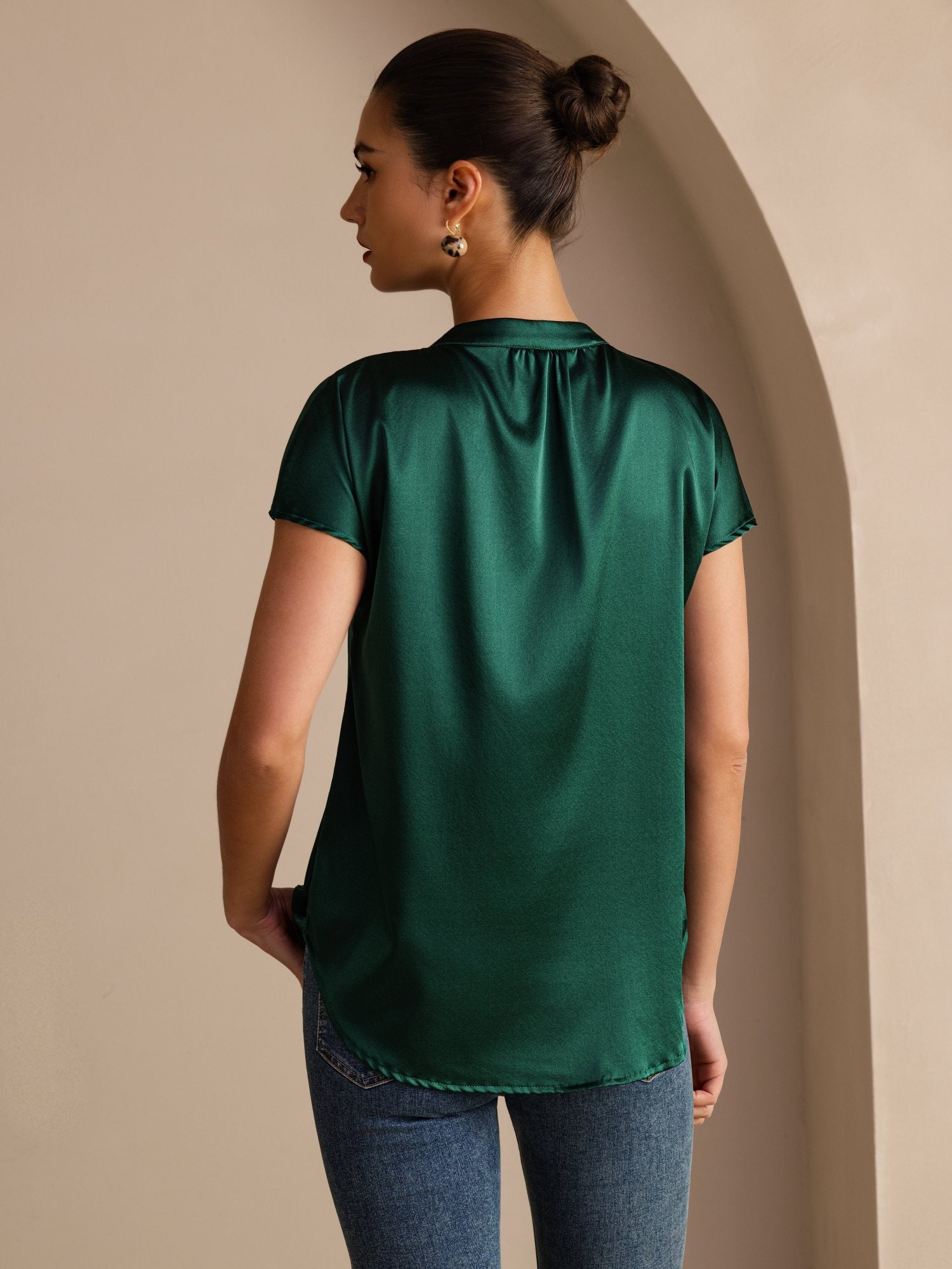 [Mørkegrøn] SilkSilky-DK Short Sleeve Damebluser 002