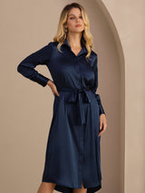 [Mørkeblå] SilkSilky-DK Long Sleeve Lapel Collar Kjole 001