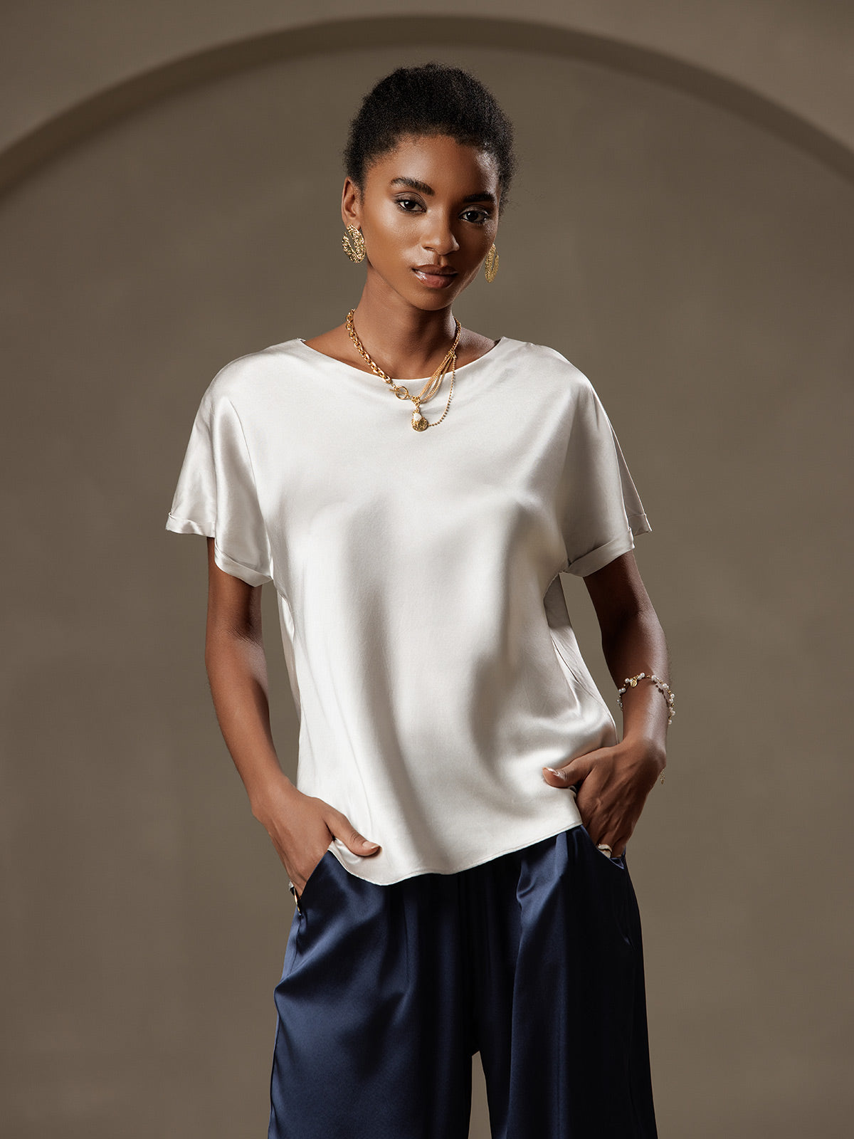 [Lysegrå] SilkSilky-DK 19Momme Silke Womens T-Shirt 001