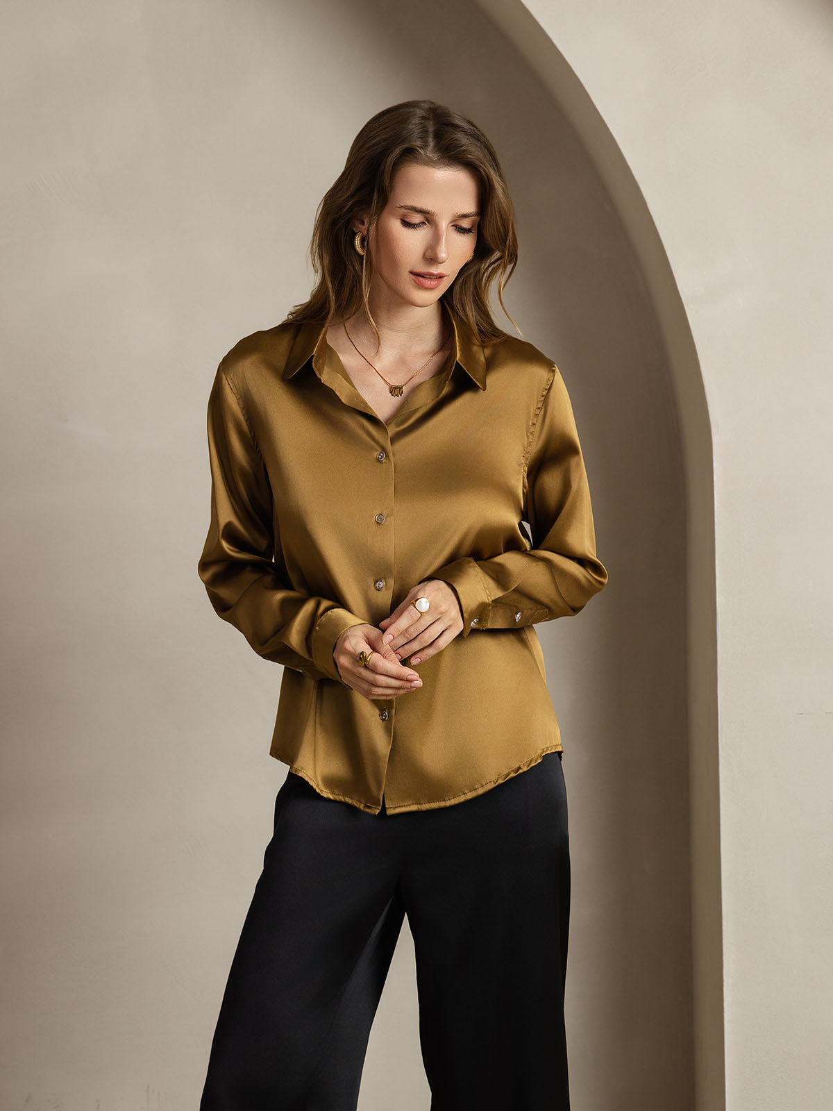 [Bronze] SilkSilky-DK Silke Lapel Collar Dameskjorte 006