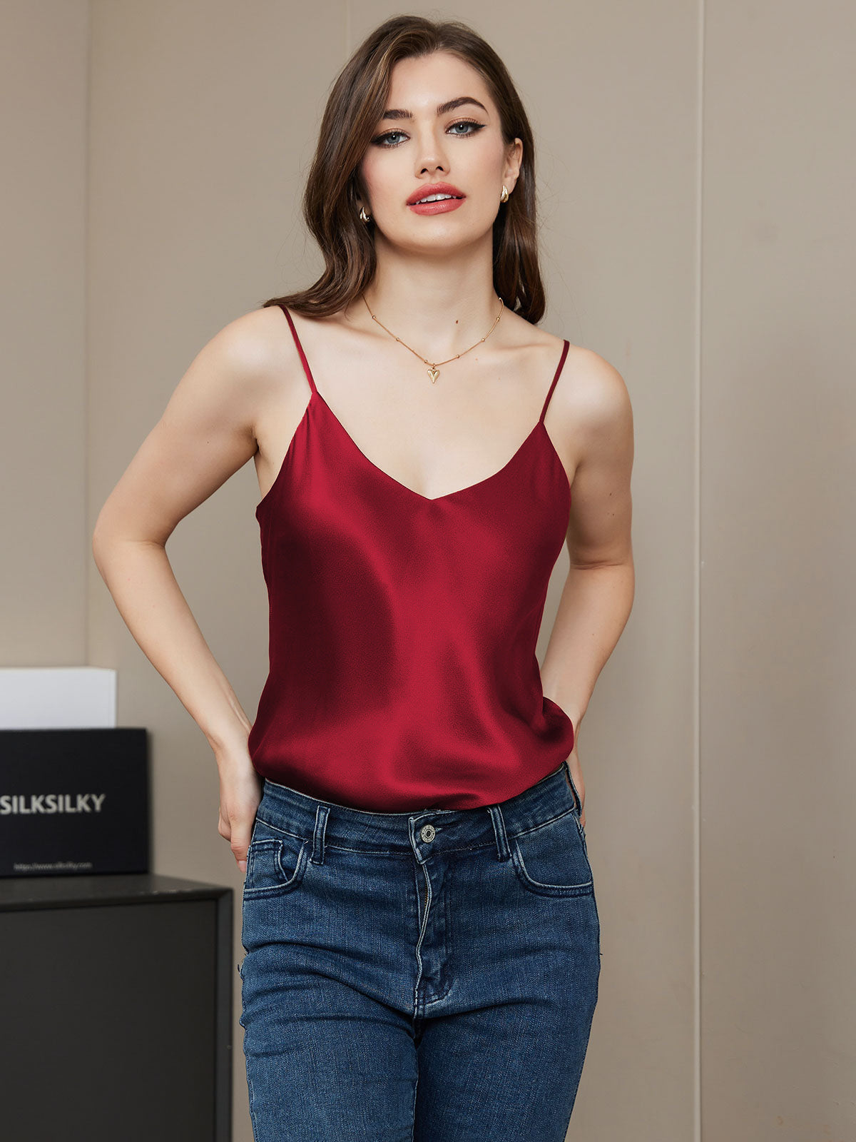 [Mørkerød] SilkSilky-DK Spaghetti Rem V Hals Camisole Top 001