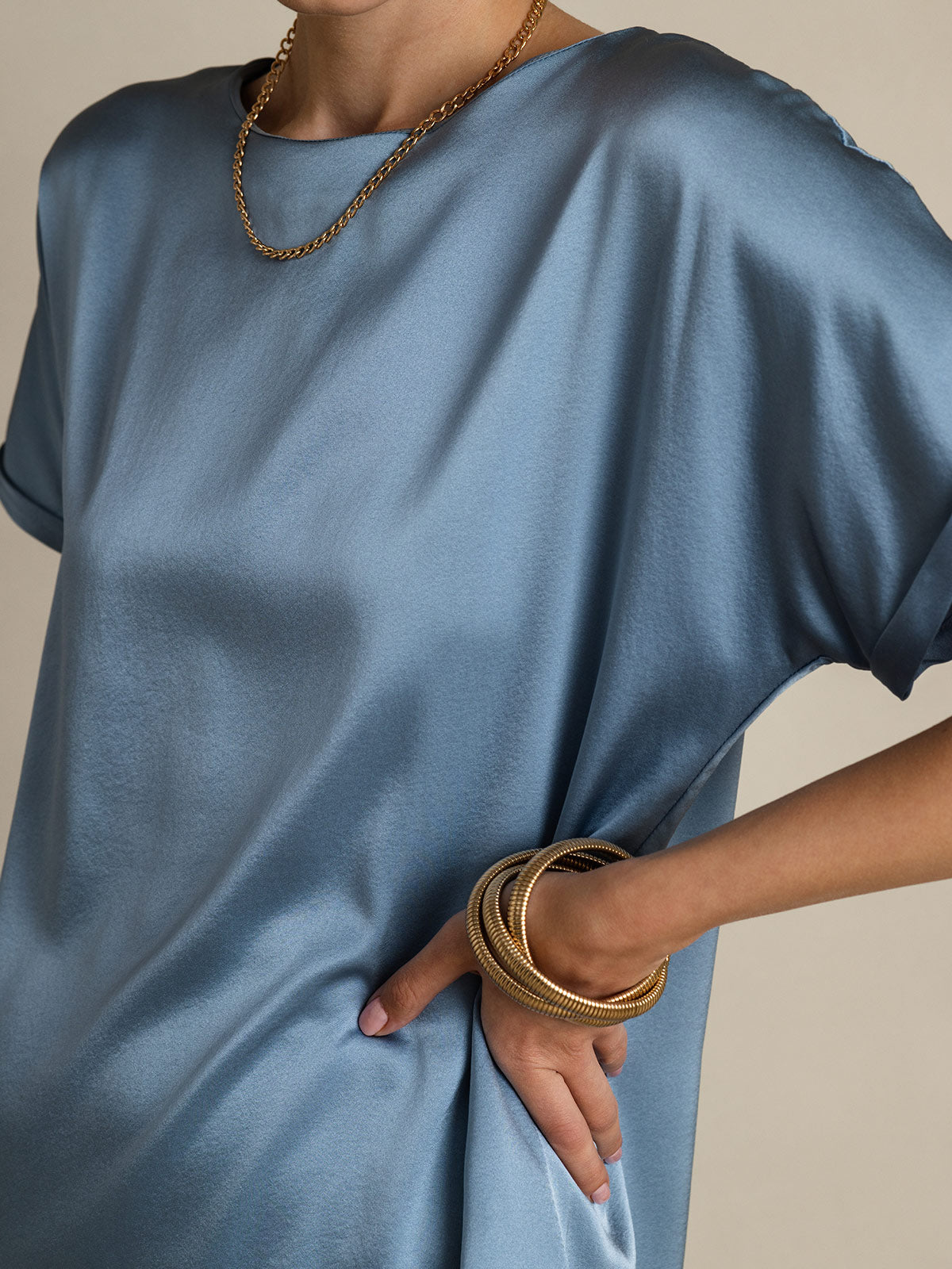 [Gråblå] SilkSilky-DK 19Momme Silke Short Sleeve Round Neck T-shirt til kvinder 008